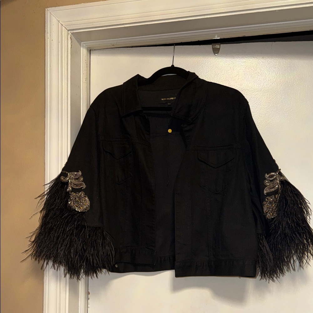 Kobi Halperin Black Jacket with Feather and Embellishment Details